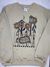 Vintage 90s Jerzees Birdhouse Garden Sweater Jumper Size M Grandma Cottage Core
