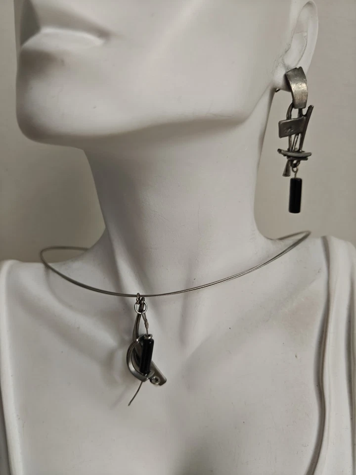 Modernist Sonia Ferland Osmose Necklace & Earrings Set Canada Pewter Quirky  - Image 2 of 4