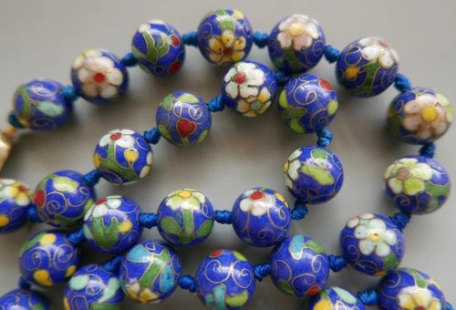 VIBRANT, VINTAGE, CHINESE CLOISONNE BLUE ENAMEL BEAD, LONG, NECKLACE, KNOTTED