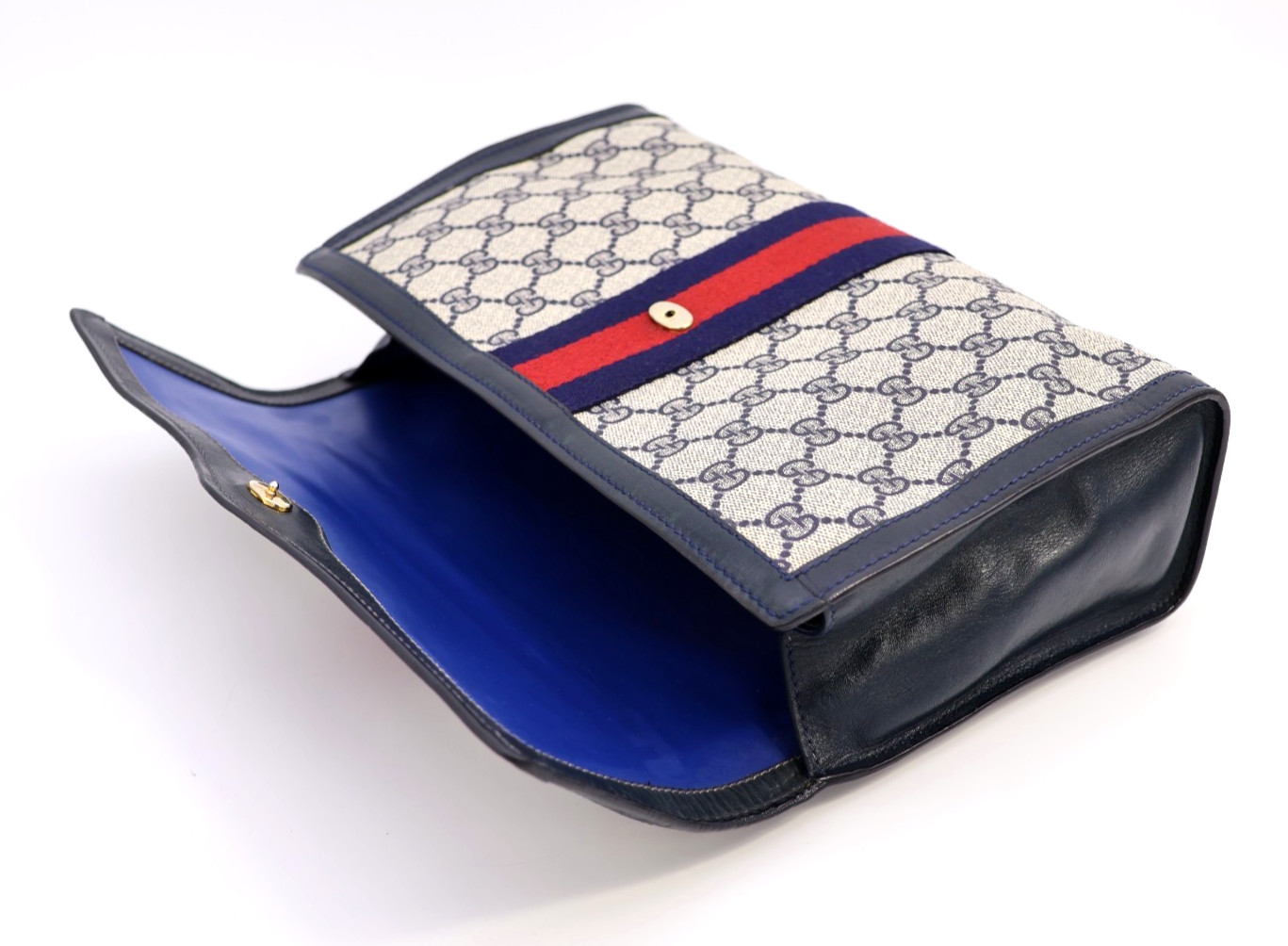 Gucci Vintage Clutch Bag Handbag Purse Sherry GG Supreme Navy Large Authentic thumbnail 14