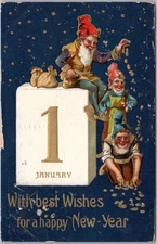 Vintage HAPPY NEW YEAR Postcard Elf Gnome / Gold Coins Good Luck / 1907 Cancel