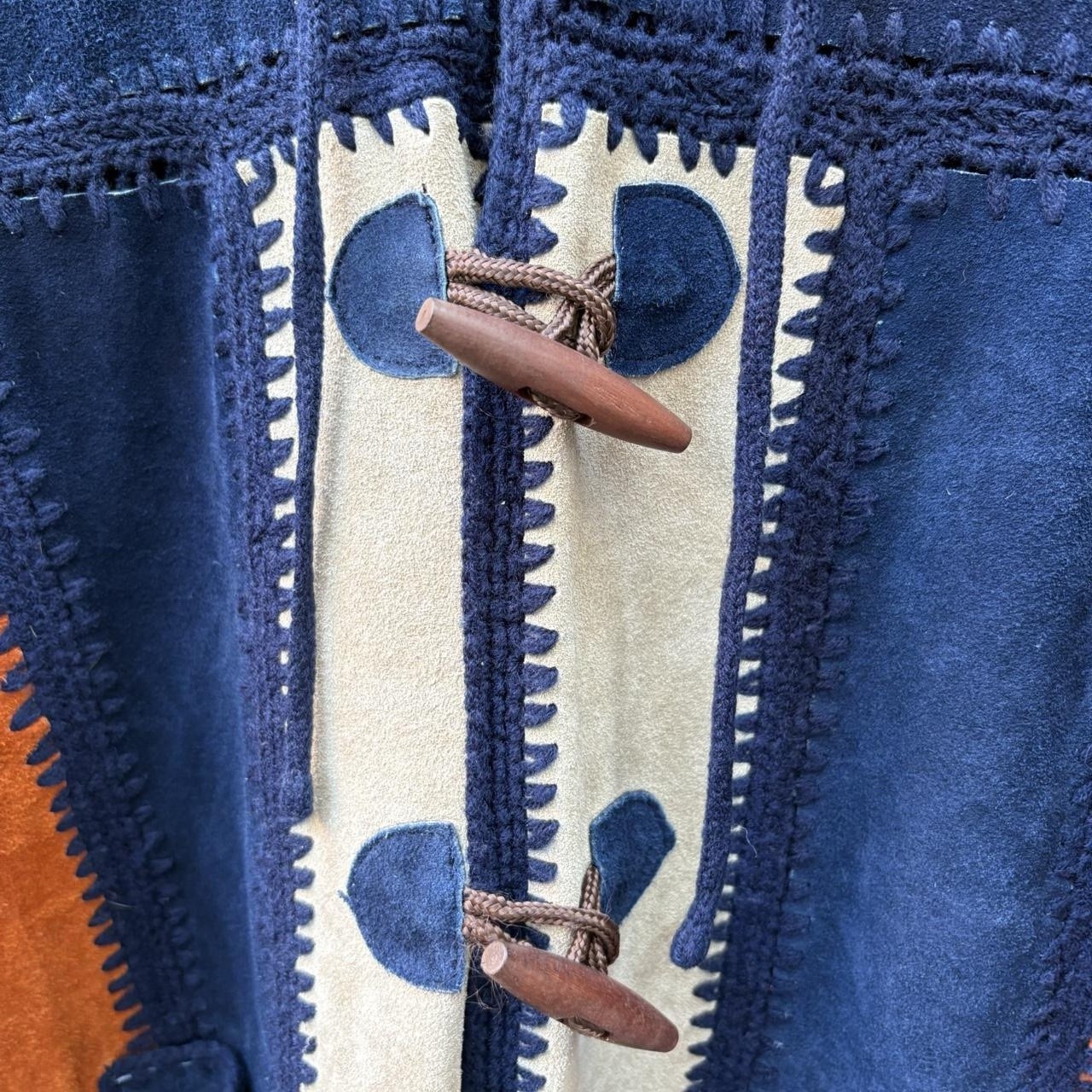 Vintage 60s Suede Leather Patchwork Toggle Hooded… - image 4