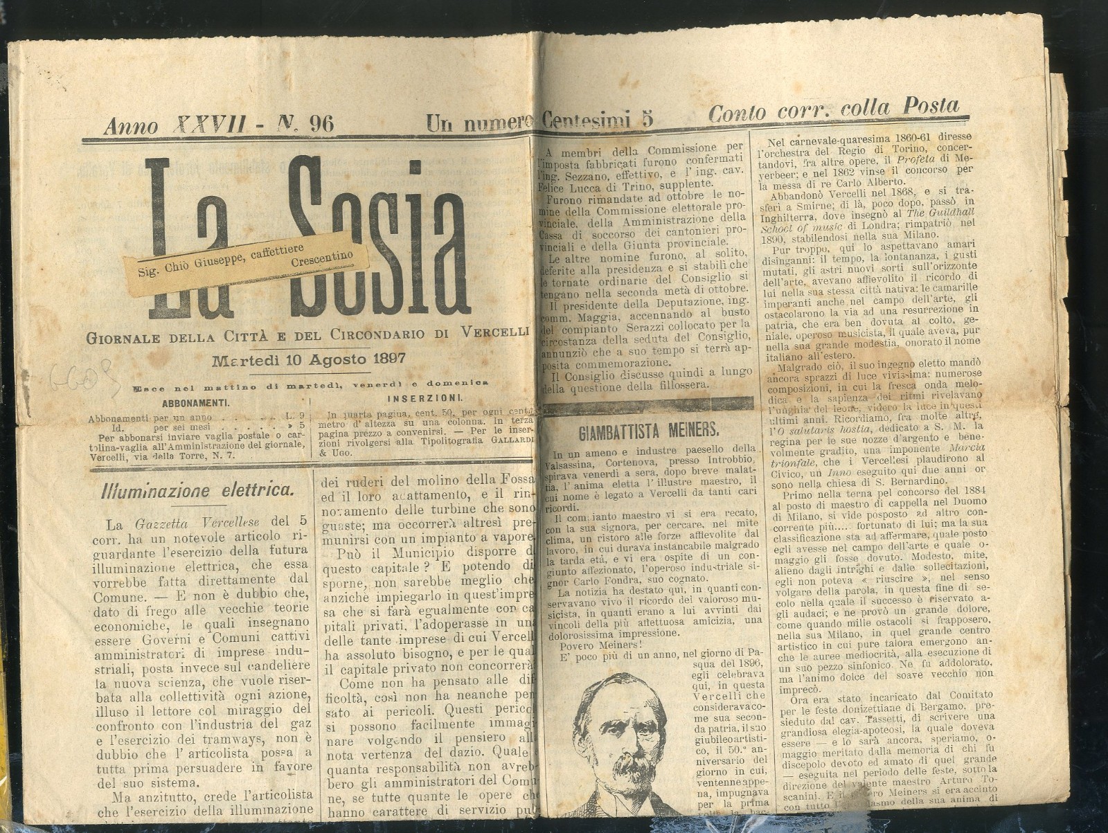 Giornale La Sesia Vercelli 1897 Illuminazione Elettrica Gianbattista Meiners gg9