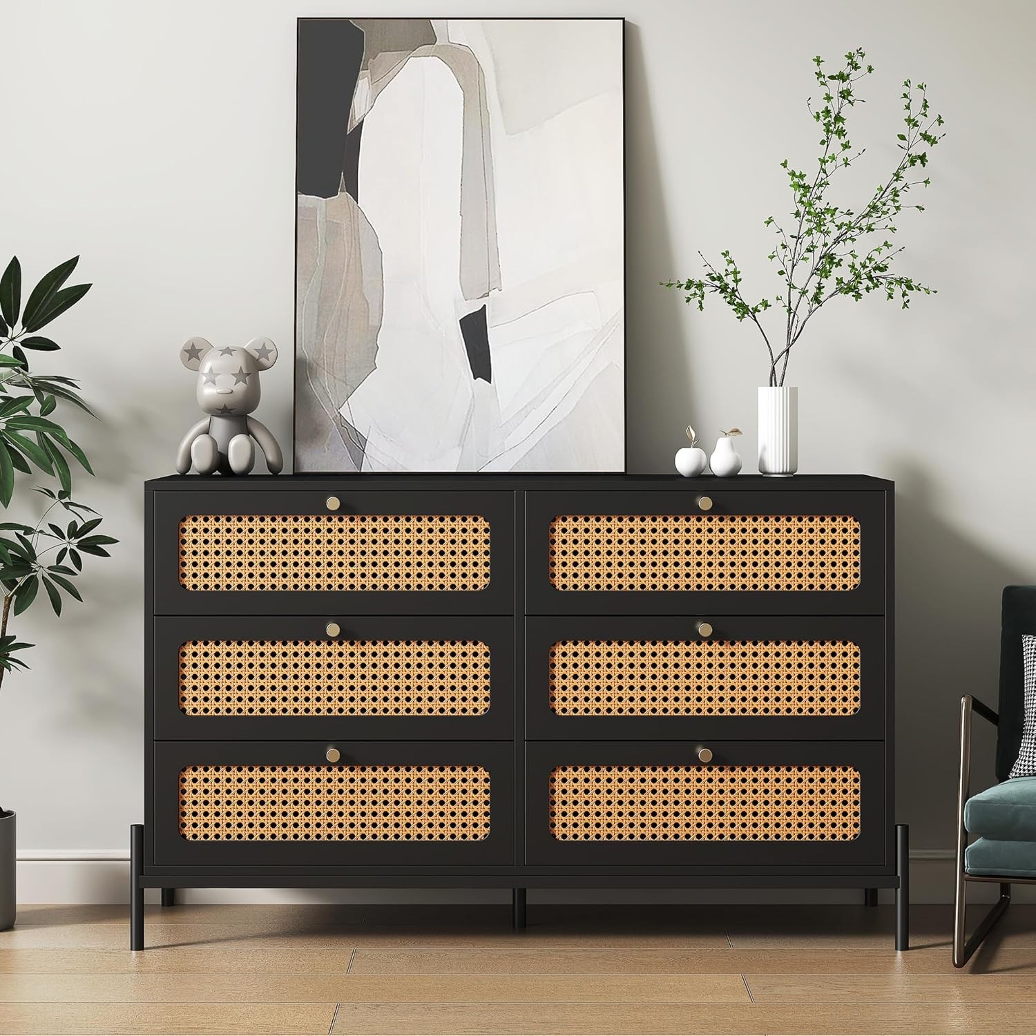 Rattan Dresser for Bedroom, 6 Drawer Dresser,Mid Century Modern Wooden Chest