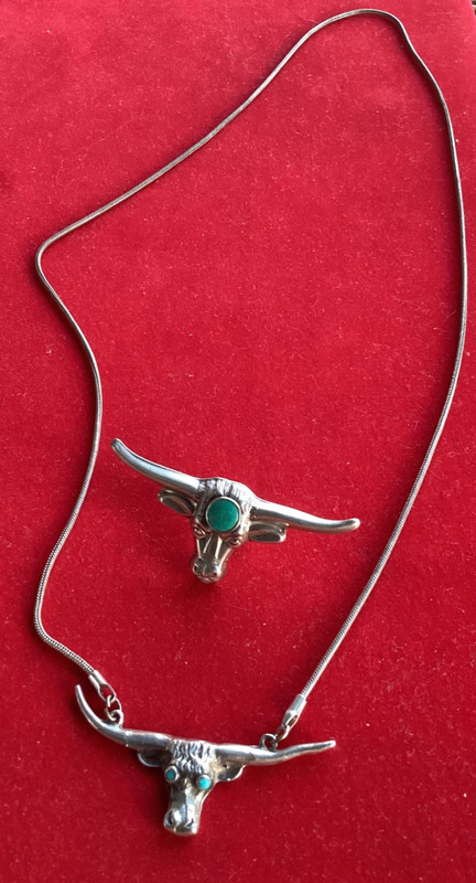 Rare Old Silver + Turquoise Longhorn Steer Bolo Tie/ Scarf Clasp + Necklace Set