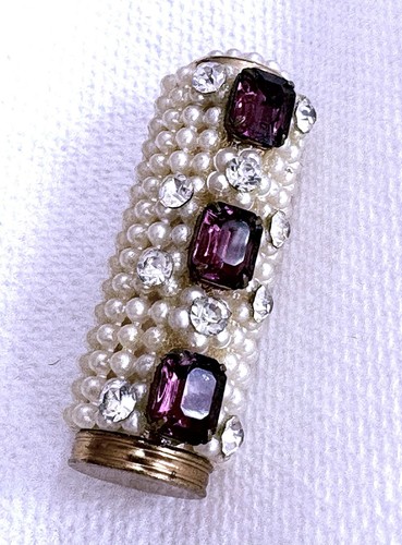 Vintage Lipstick Tube Amethyst Purple Rhinestones & Pearls Chic Art Deco