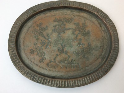 Antique Old Copper Silver Colored Birds Dented China Export Serving Tray