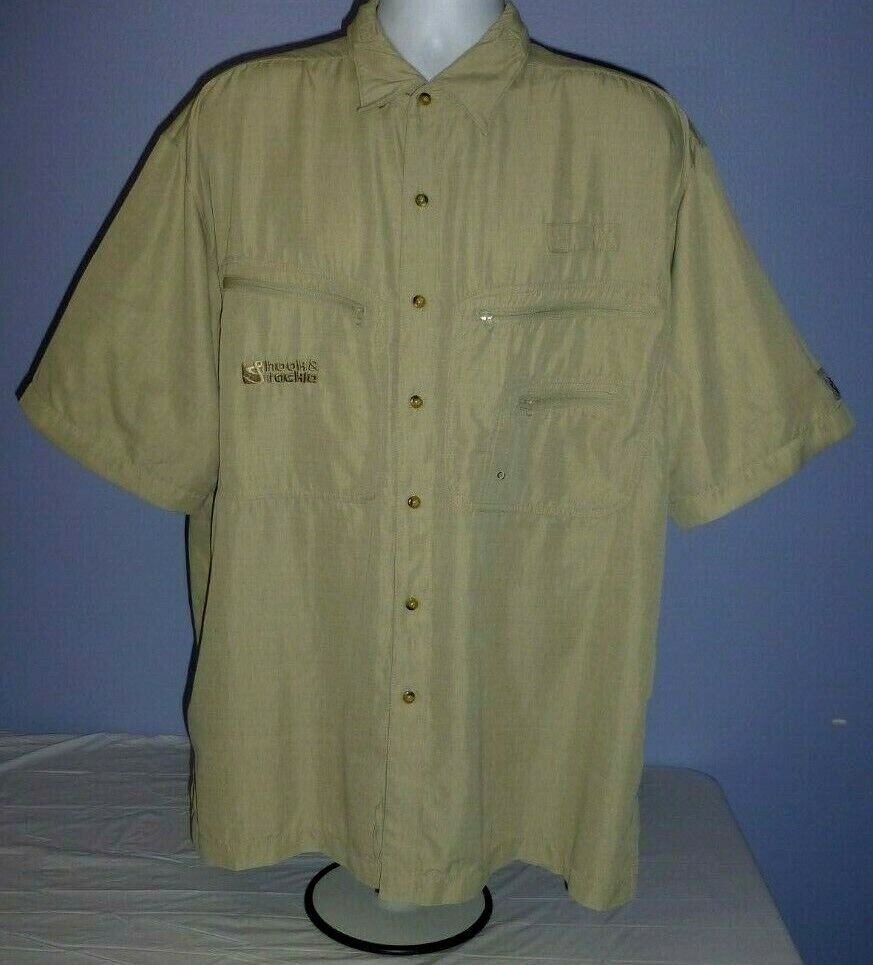 Men's Hook & Tackle Sun Protection Beige Vented Short Sleeve Fishing Shirt  XL