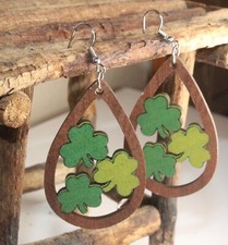 Wooden Shamrock St Patricks Day Clover Dangle Earrings New