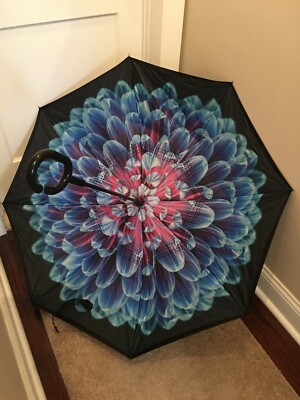 MRTLLOA Double Layer Inverted Umbrella Black/ Floral  C-Shaped Handle UV New 