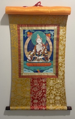 Pristine Authentic White Tara Tibetan Thangka Art with Premium Silk Brocade 30''