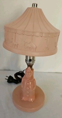 Vtg 1930s LE Smith Art Deco Pink Frosted Glass Lamp Clown Circus Carousel Shade 