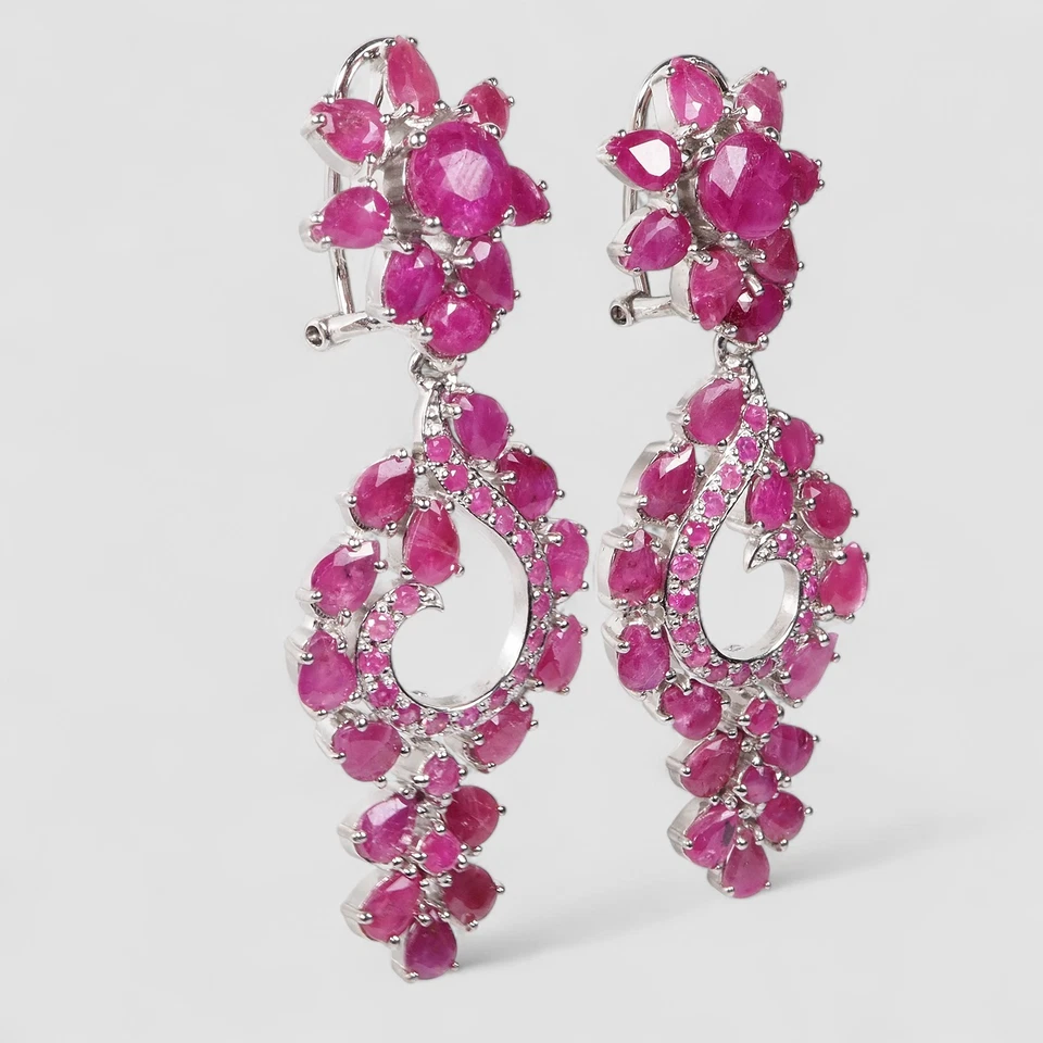 DAZZLING PINKISH RED RUBY 925 STERLING SILVER WHITE GOLD PLATED FLORAL EARRINGS - Image 2 of 4