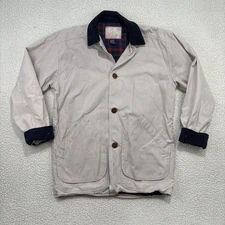 VTG Chore Jacket Field Barn Coat Mens M Flannel Lined Corduroy Collar Cream Navy