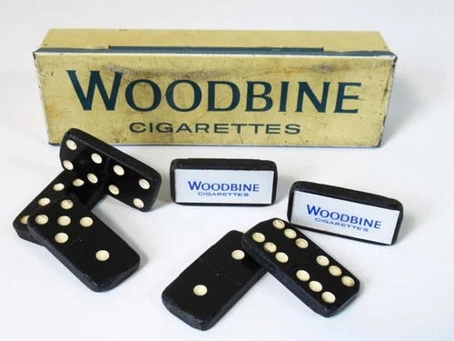VINTAGE 1930 WOODBINE  DOUBLE SIX DOMINO SET OF 28 TILES & ORIGINAL TIN BOX
