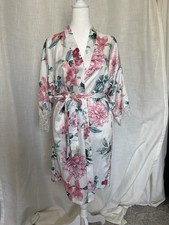 LINEA DONATELLA White with Floral Print Satin Wrap robe with Lace Size S/M
