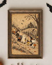 Vintage Halloween Trick or Treat Parade Poster, Spooky Children and Animal Print