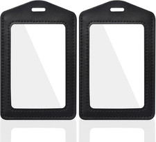 Genuine Leather ID Badge Holder, Vertical ID Card Holder, Dual-Side Clear Window