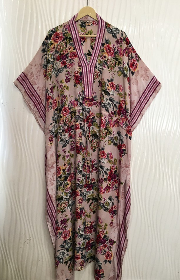 Satin Kaftan Off-White Loose fit Silk Maxi Dress Resort Wear Night Gown MFN1078 thumbnail 2