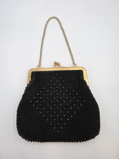 Vintage 1950s 1960s Black Beaded Evening Bag Cocktail Purse Made in Hong Kong