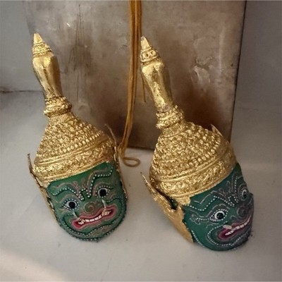 Handmade Pair of Thai Khon Masks with Gold Detailing Collectible
