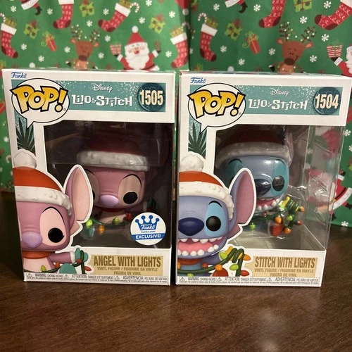EXC Angel & Stitch w/ Lights Funko Pops #1505 #1504 Disney Lilo Christmas Movies