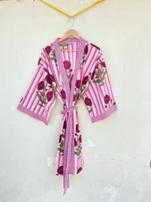 Indian Pink Floral Cotton Robe Short Kimono Sleepwear Night Suit Kimono Robe US