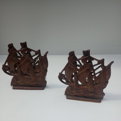 Vintage Pair of Heavy Tri-Mast May FlowerBrass Bookends Ships