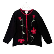 NWT 2X Vintage Stitches In Time Black Cardigan with Red Floral Embroidery