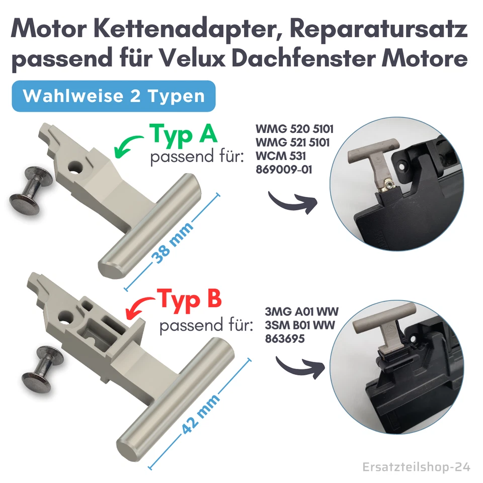 Reparatursatz Kettenanschluss, passend für Velux Dachfenster Motor, Typ wählbar