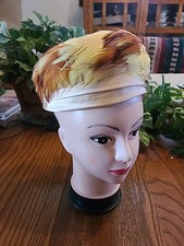 Vintage Pillbox Hat Feathers Ribbon Union Made Velour 1960 Church Headpiece