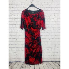 Connected Apparel Dress Womens 10 Red Black Floral Faux Wrap Sheath Excellent