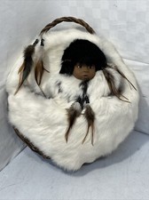 Wicker Papoose Cradle Board W/ Real Feathers Beads & Fur & Doll