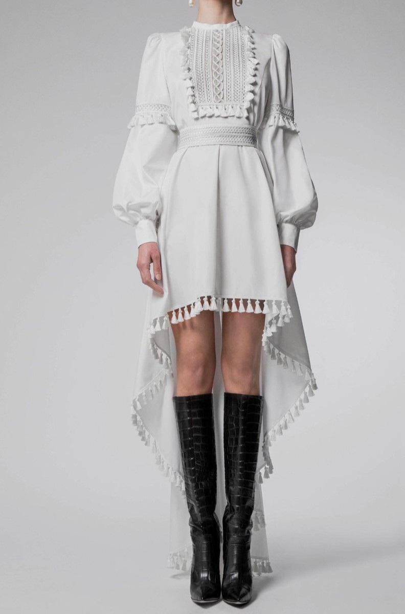 knee length dresses for ladies Long Sleeve V-Neck Short Silk White Dress – HAREM's Brides main image 0