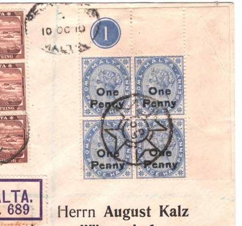 MALTA QV Cover *One Penny* PLATE BLOCK{4} SURCHARGES Germany 1910 MA1789 - Picture 2 of 10