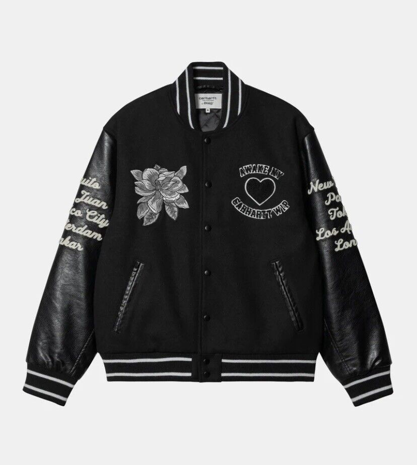 CARHARTT WIP x AWAKE NY TEDDY VARSITY JACKET BLACK WORLD CHAMPS SIZE LARGE  NEW