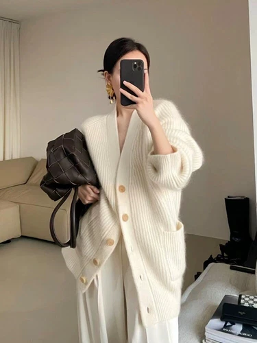 100% Wool Cashmere Cardigan Sweater Women Warm Loose Thicken Knit Sweater Jacket - Bild 4 von 13