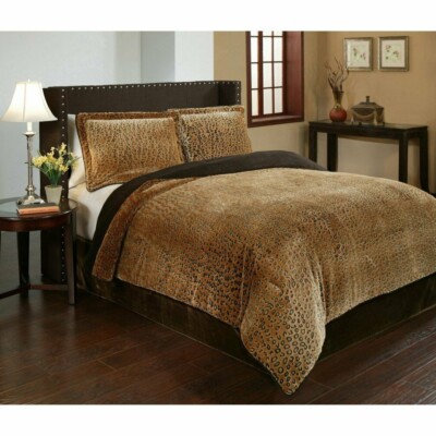 Wild Animal Instinct Print Cheetah Faux Fur 3 pcs Queen Comforter set New