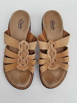 CLARKS BENDABLES WOMENS brown slip on weave leather SANDALS SHOES SIZE  M