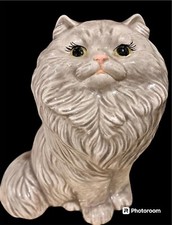 Large Vintage Ceramic Gray Cat Statue Sitting 8.5” Persian Himalayan Maine Coon