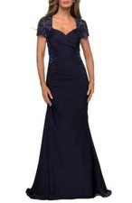 La Femme Navy Blue Lace Back Satin Trumpet Gown Size 8 Orig 548