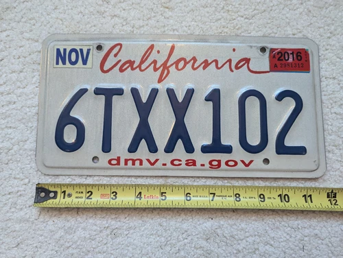 CALIFORNIA license plate 12" metal 6TXX102 TX CA white auto car 2016 carlsbad