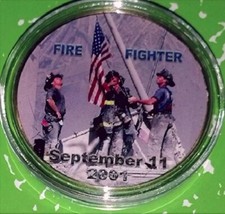 9/11 911 FDNY FIREFIGHTER MEMORIAL COLORIZED GOLD PLATED ART ROUND COIN