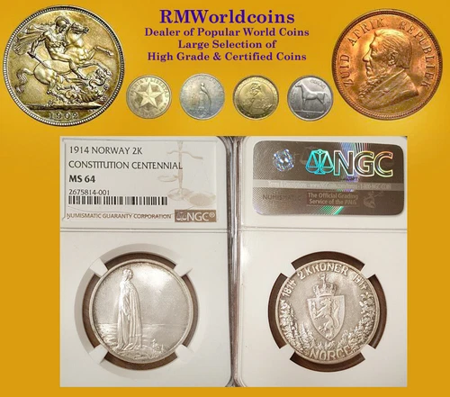 Norway 1914 2 Kroner, Rare NGC 64 PQ, Superb Gem Frosty BU, Sharp Strike, Beauty