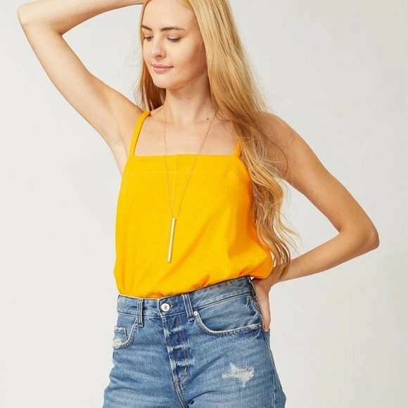 Free People Yellow Bodysuit Ribbed Square Neck Tank Top Sz Small