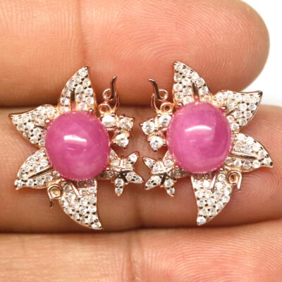 Edelstein Ohrringe 9 x 10 mm Pink Ruby & Weiß Zircon 925 Silber Roségold - Bild 1 von 4
