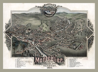 11885.Decor Poster.Room wall.Home art design.1884 Montpelier birds eye view map