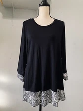CJ Banks Women’s Tunic Top Pullover Black White Stretch 3/4 Sleeve Size LargeNWT