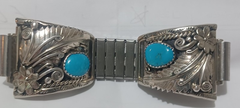 vintage Native American Turquoise Mens Watch Cuff  Sterling 0421 