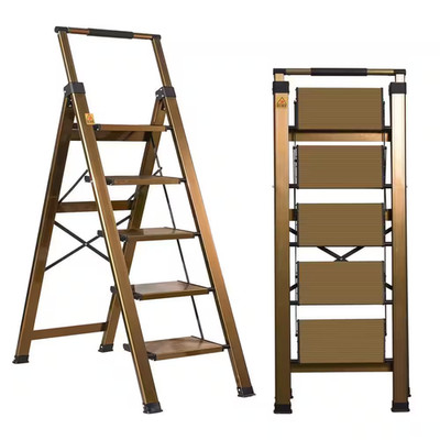 5 Ft. Aluminum Brown Gold 5 Step Stool with Retractable Handrail, 330 Lb. Foldin